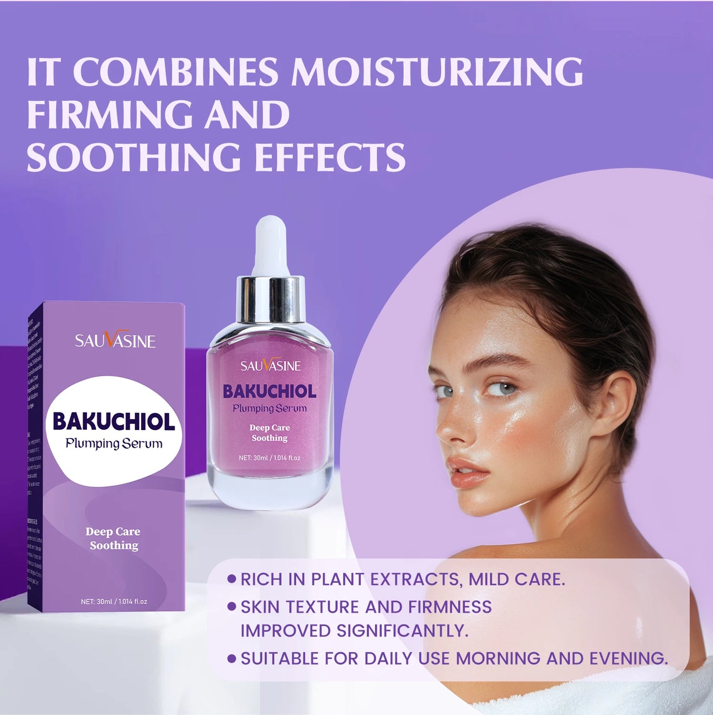 30ml Bakuchiol Plumping Serum Skin Moisturizing & Soothing Essence for Women Smoothing Fine Lines Enhances Firmness & Elasticity